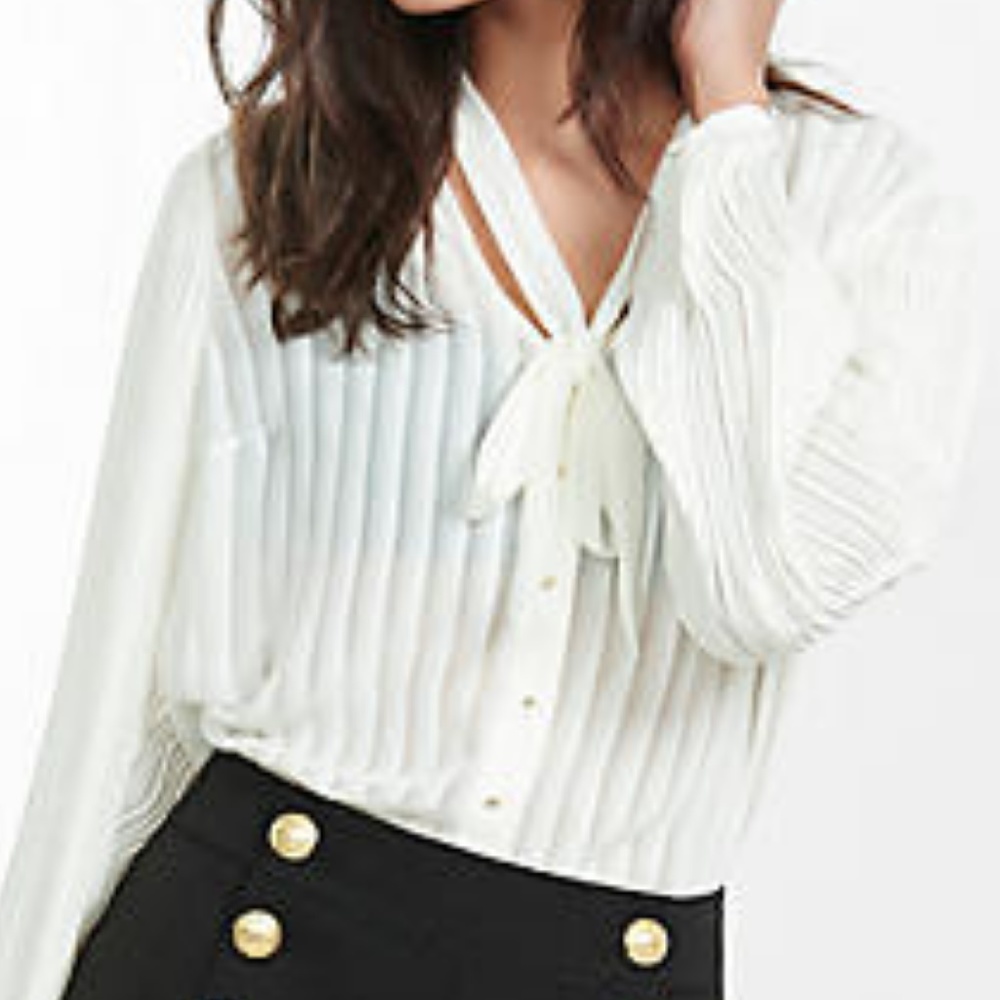 EXPRESS Cream Pleated Sleeve Tie Neck Blouse